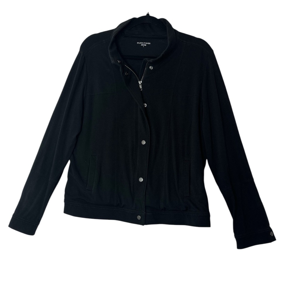 Eileen Fisher Jacket Women Large Black Pocket Full Zip Organic Cotton Moto Biker